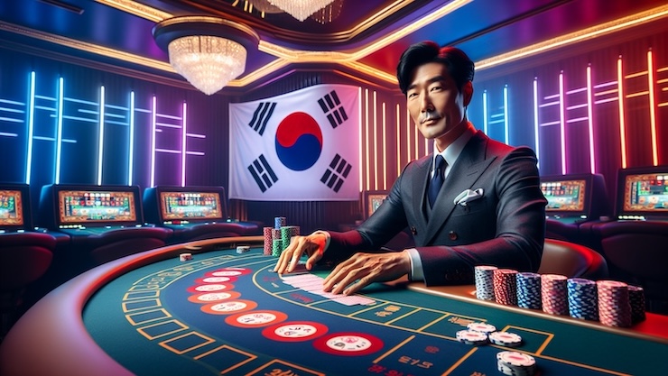 정장을 입은 남성이 한국 국기 앞 카지노 테이블에서 딜러 역할을 하고 있으며, 배경에는 슬롯머신과 화려한 조명이 보인다