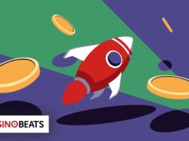 Illustration of a red rocket soaring among gold coins on a colorful background. The mood is dynamic and playful.
