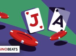 A graphic featuring playing cards showing a Jack of Hearts and Ace of Spades, surrounded by red poker chips on a purple background.