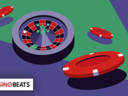 Illustration of a roulette wheel and red poker chips on a green and purple background, conveying a vibrant casino theme