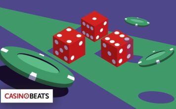 Illustration of three red dice and poker chips on a green and purple table