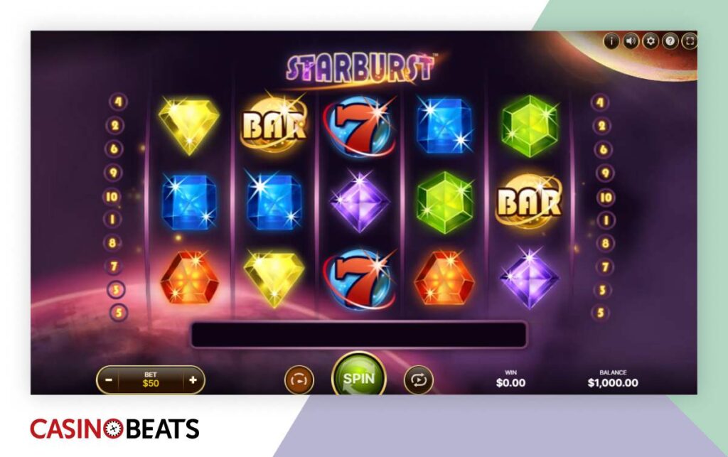 Colorful slot machine interface featuring gems, bars, and lucky 7s, with a bet amount displayed and a spin button ready to play.